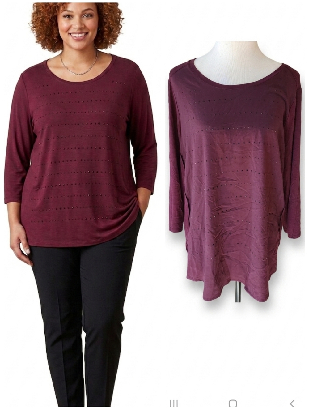 Plus size lightweight burgundy top with black rhinestones Women's plus size 1X